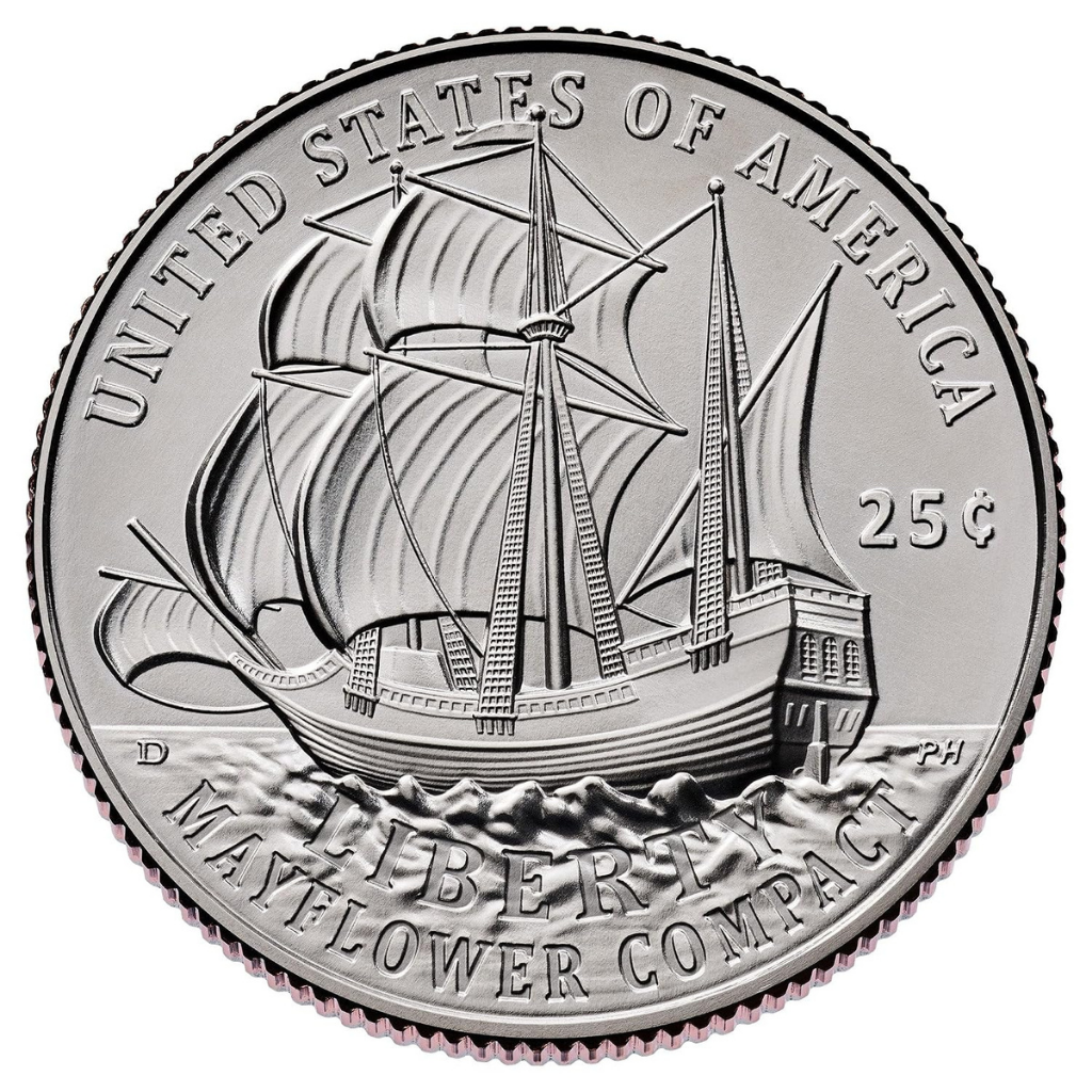 Moeda Quarter Dólar 2026 – 250 Anos da Independência dos EUA (Mayflower)